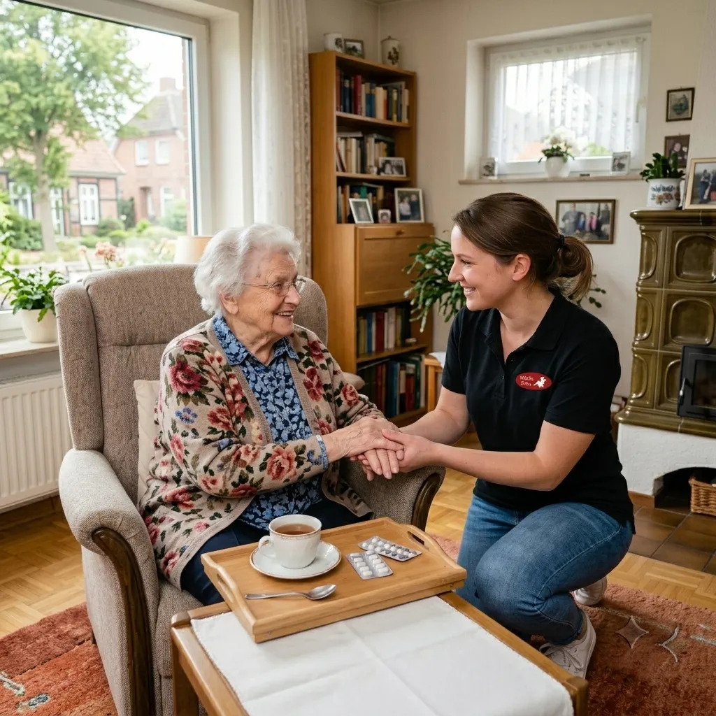 Vertrauensvolle Geste zwischen Betreuerin und Seniorin am Kamin