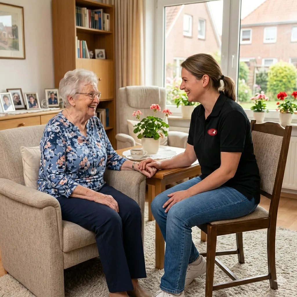 Persönliches Gespräch zwischen Betreuerin und Seniorin im Wohnzimmer