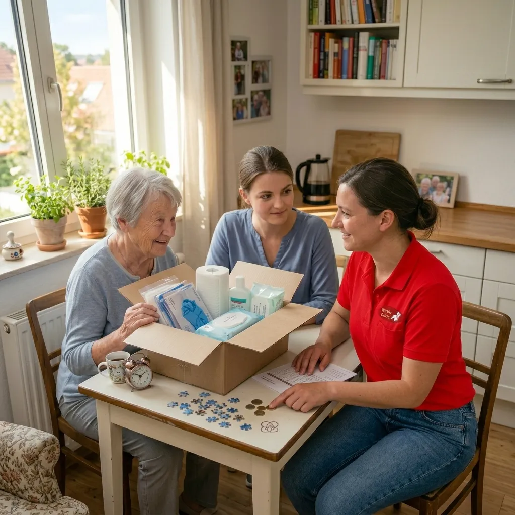 Gemeinsames Auspacken der monatlichen Pflegebox mit Betreuerinnen