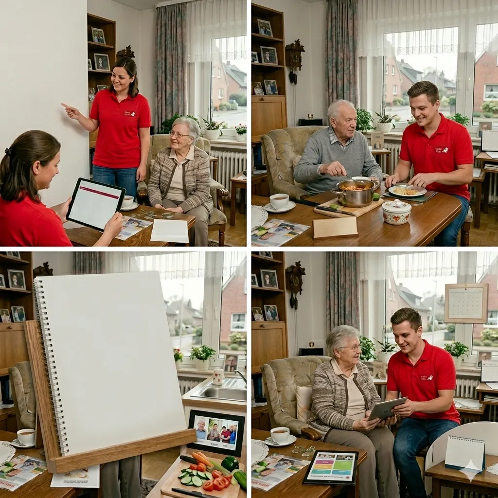 Collage: Betreuerin erklärt digitale Tagesplanung am Tablet