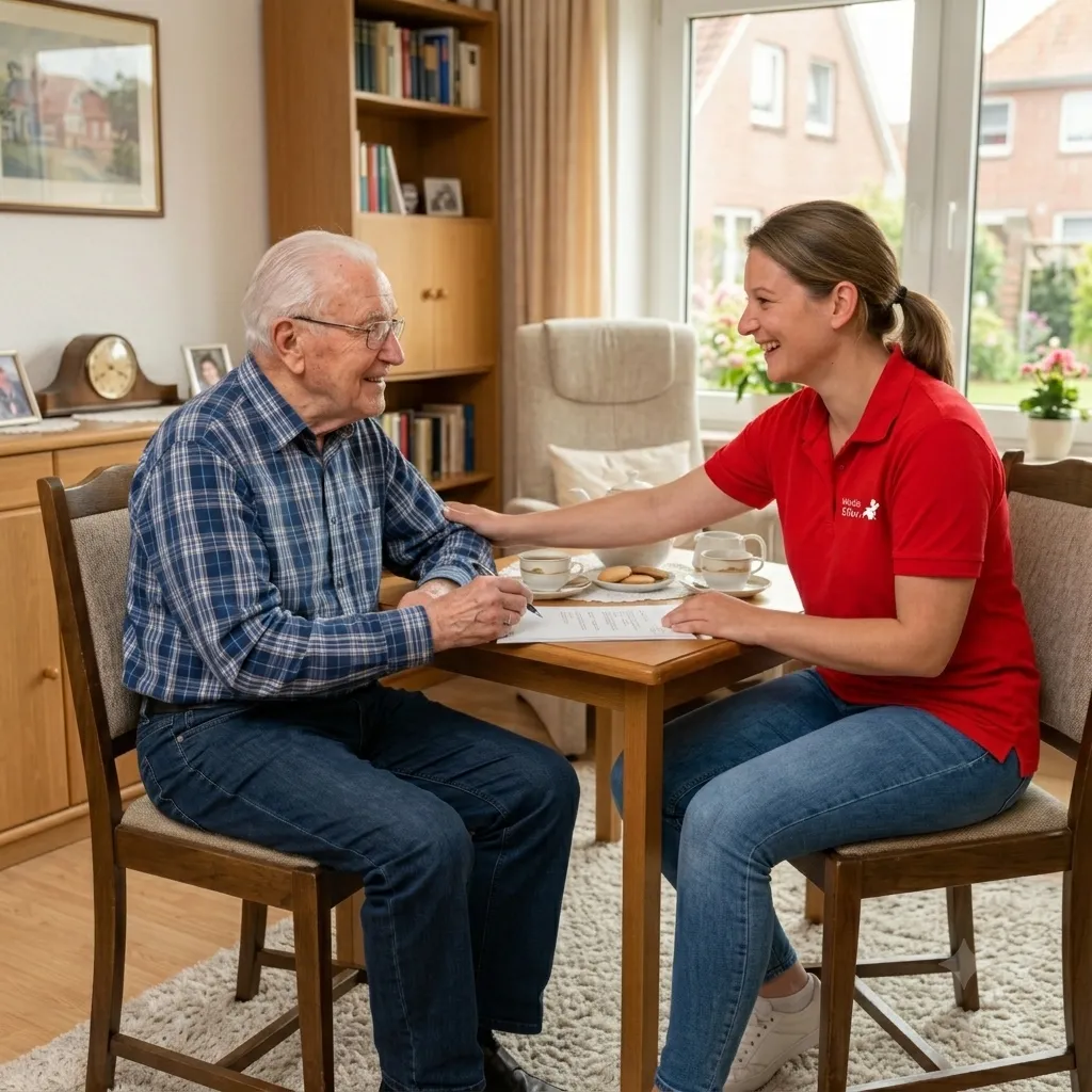 Betreuerin im vertrauensvollen Austausch mit Senior am Esstisch