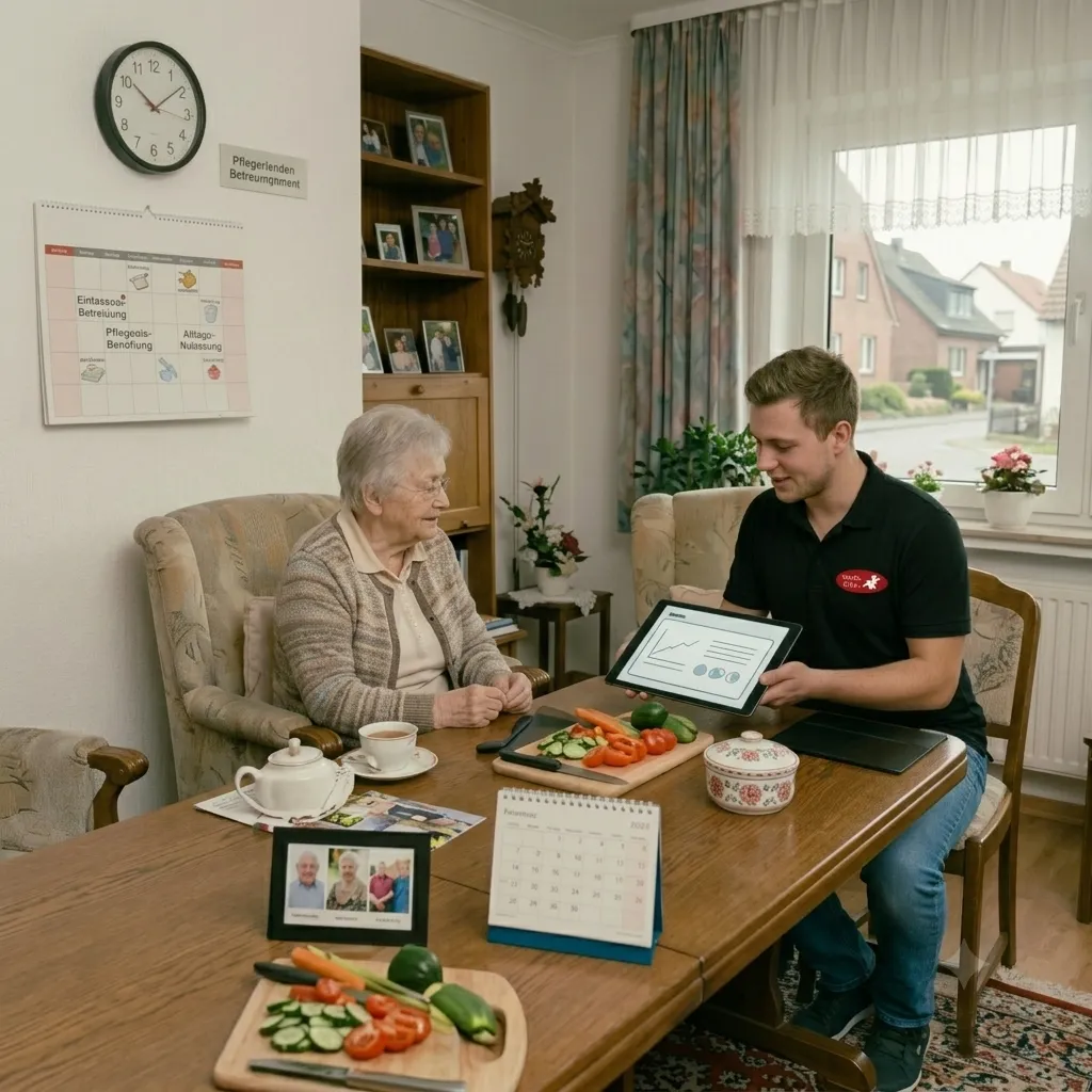 Betreuer unterstützt Seniorin bei Planung am Tablet im Wohnzimmer