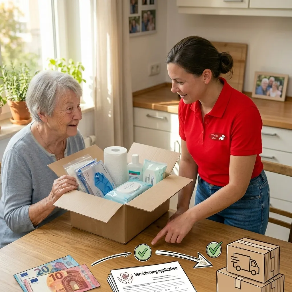 Seniorin packt kostenlose Pflegebox mit Pflegehilfsmitteln aus