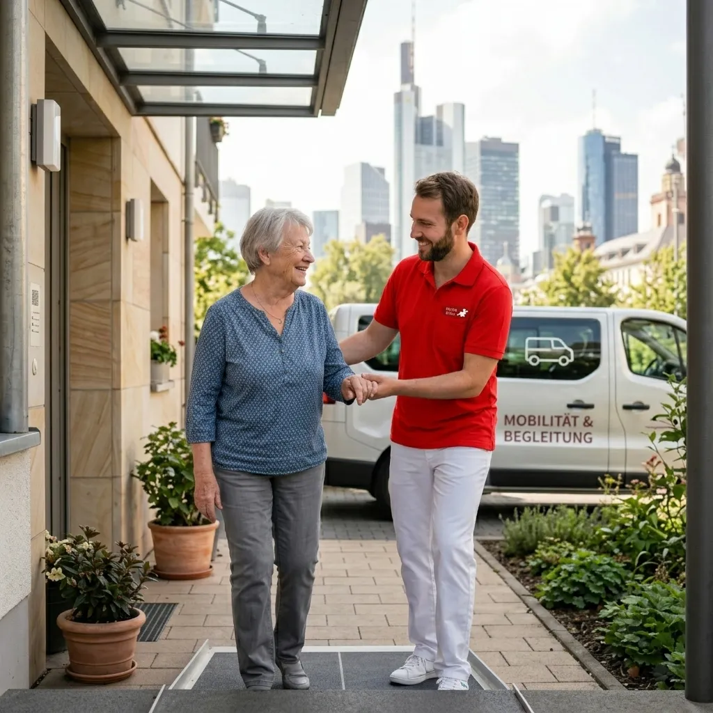 Betreuerin begrüßt Seniorin vor ihrem Zuhause in Frankfurt