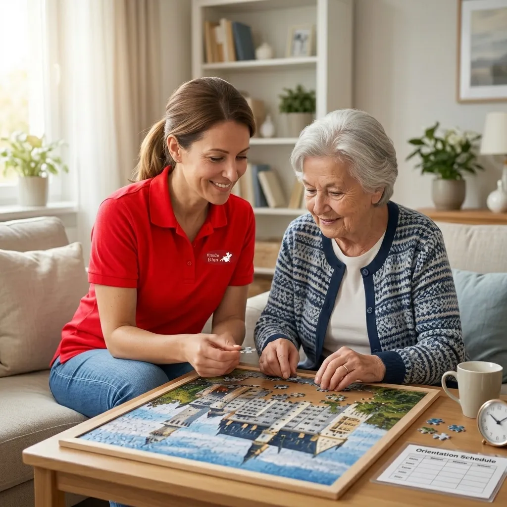 Betreuerin und Seniorin beim gemeinsamen Puzzeln zuhause
