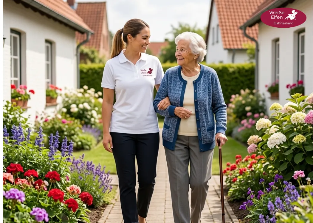Betreuerin begleitet Seniorin beim Spaziergang im Garten