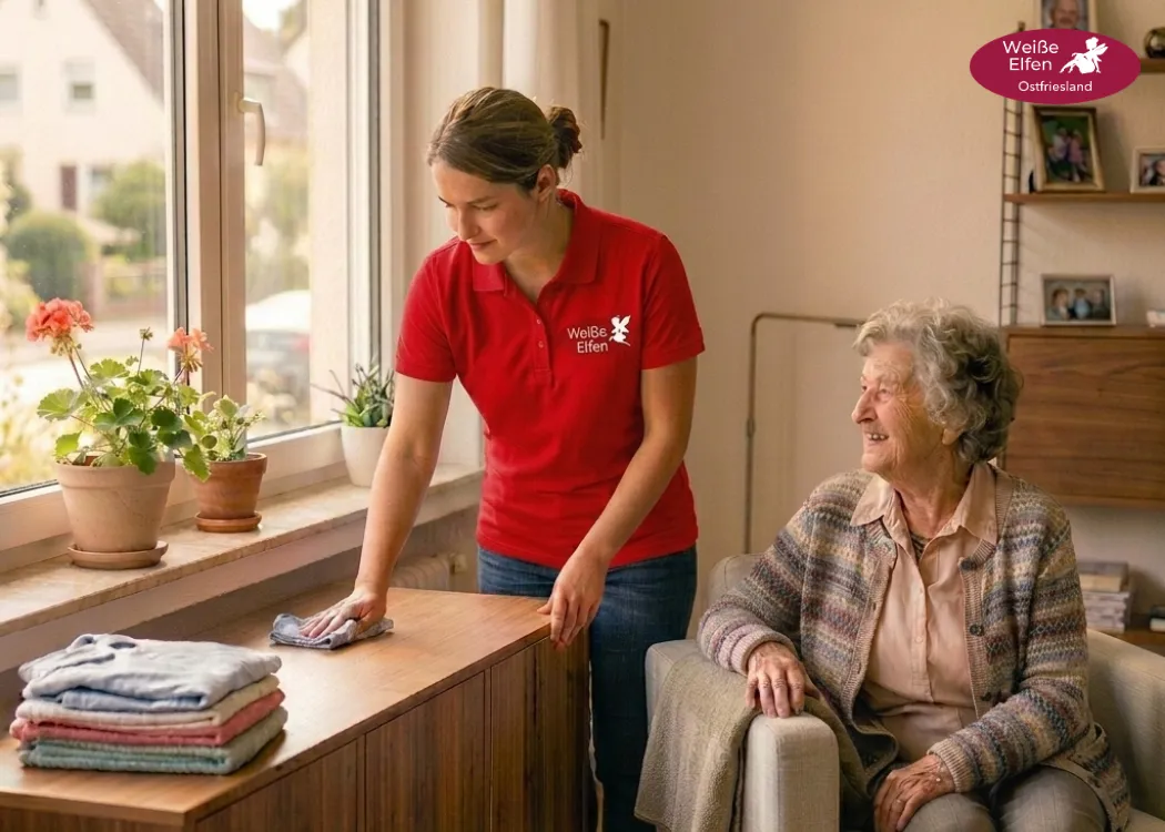 Betreuerin im Gespräch mit Seniorin am Fenster zuhause