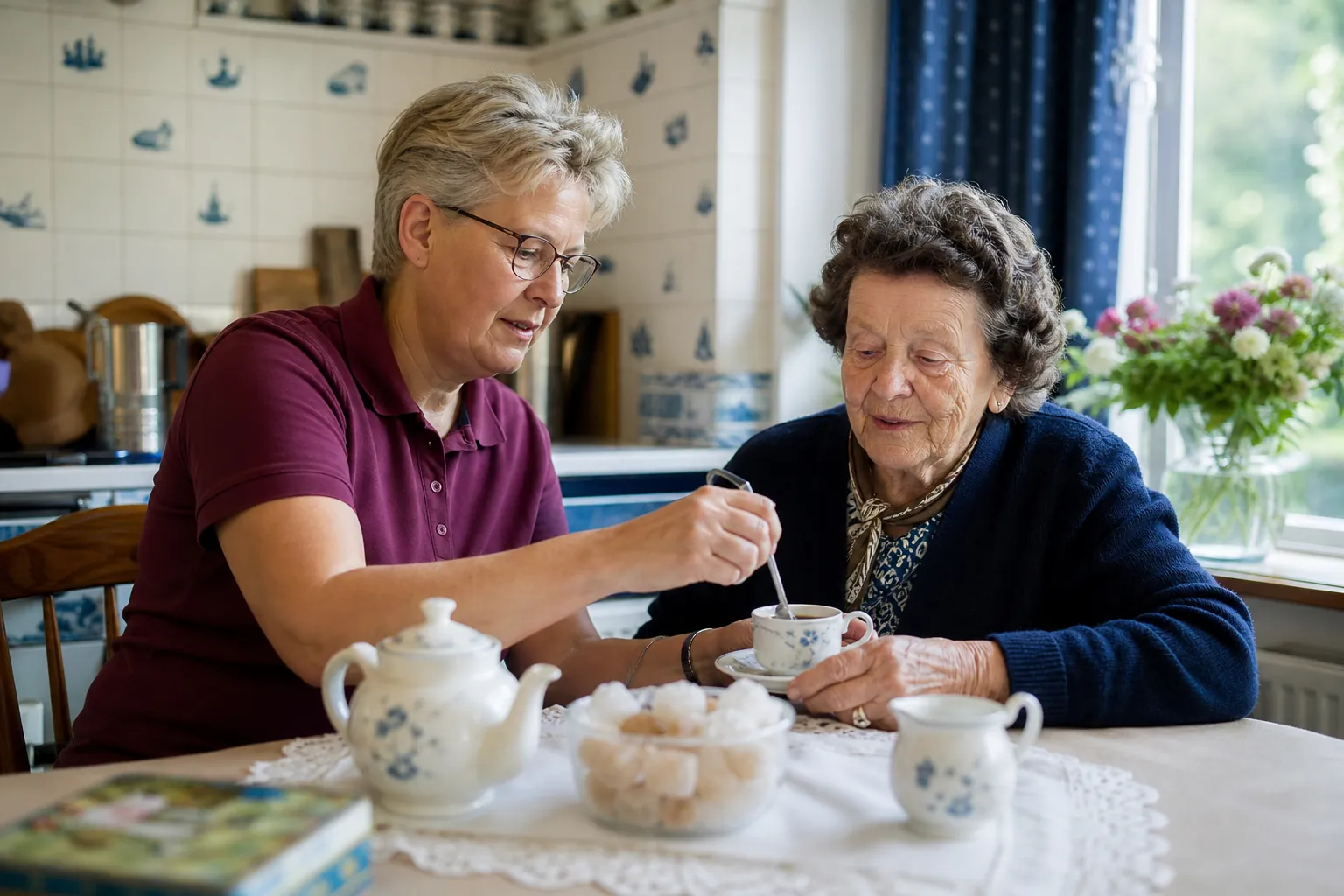 Alltagsbegleiterin bereitet mit einer Seniorin Ostfriesentee in der Küche zu