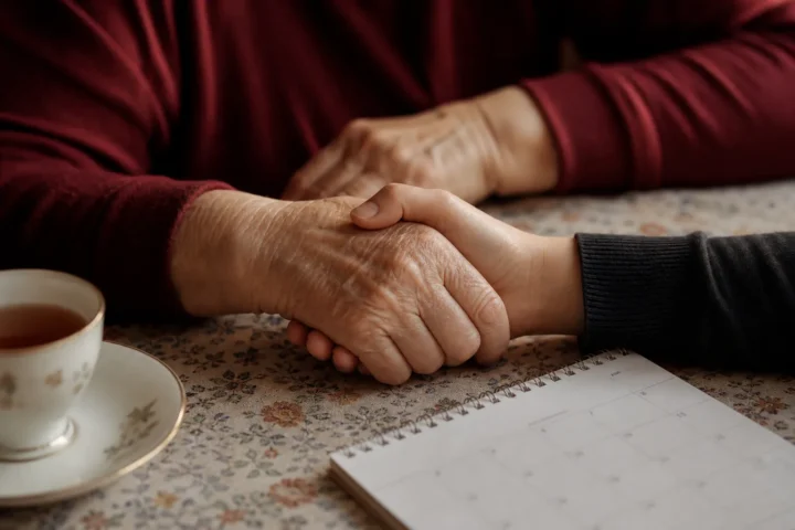 Hände einer Seniorin und einer Betreuerin auf dem Küchentisch