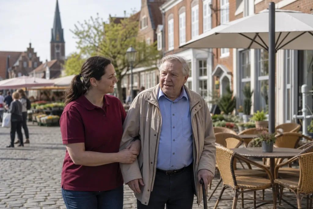 Betreuerin begleitet einen Senior beim Bummel durch eine Fußgängerzone