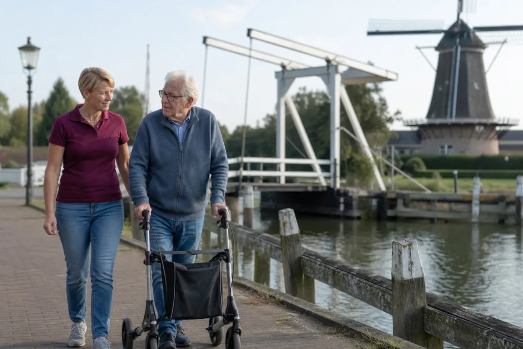 Spaziergang mit Rollator an einem Fehnkanal mit Klappbrücke und Mühle