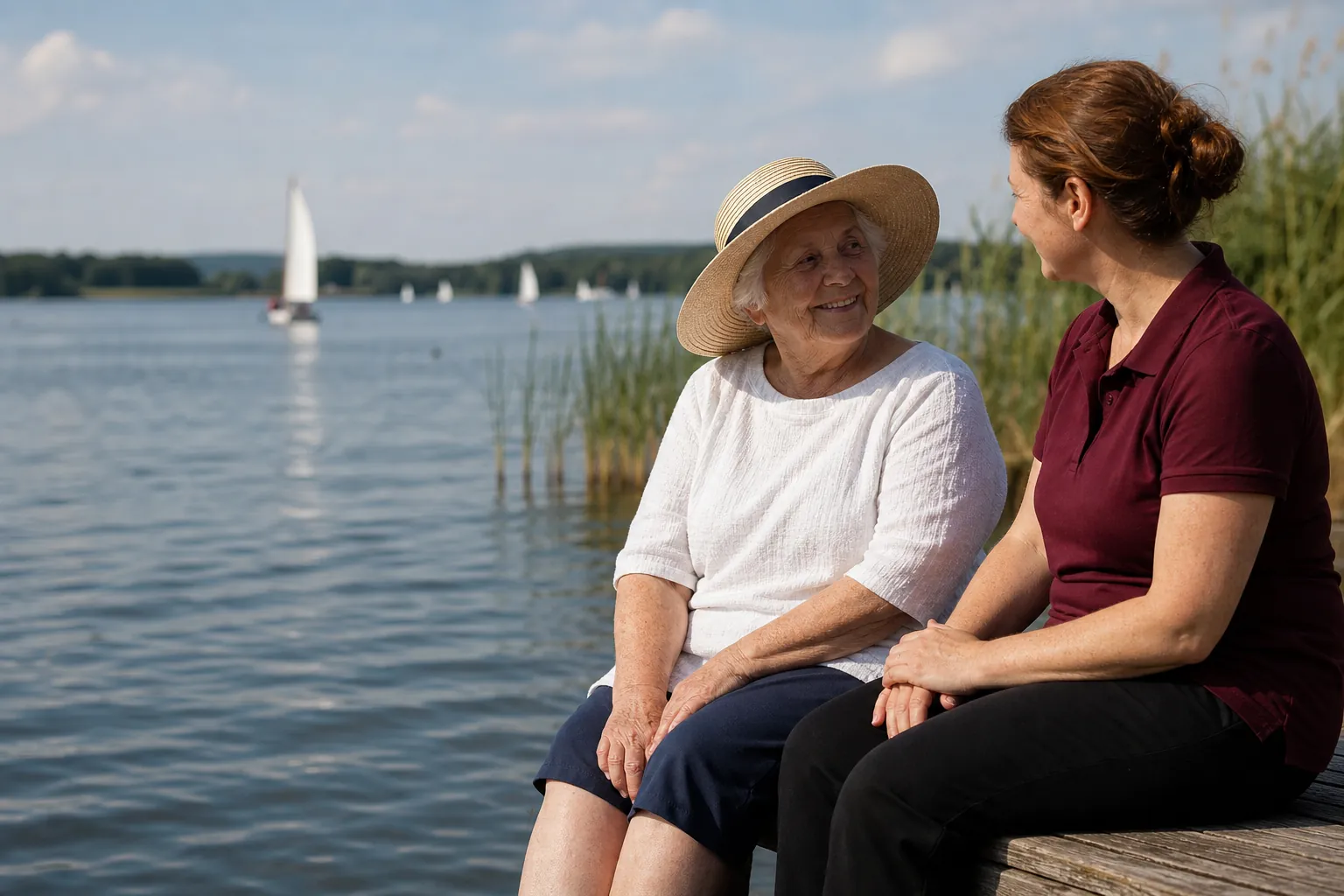 Seniorin und Betreuerin sitzen auf einem Steg am See