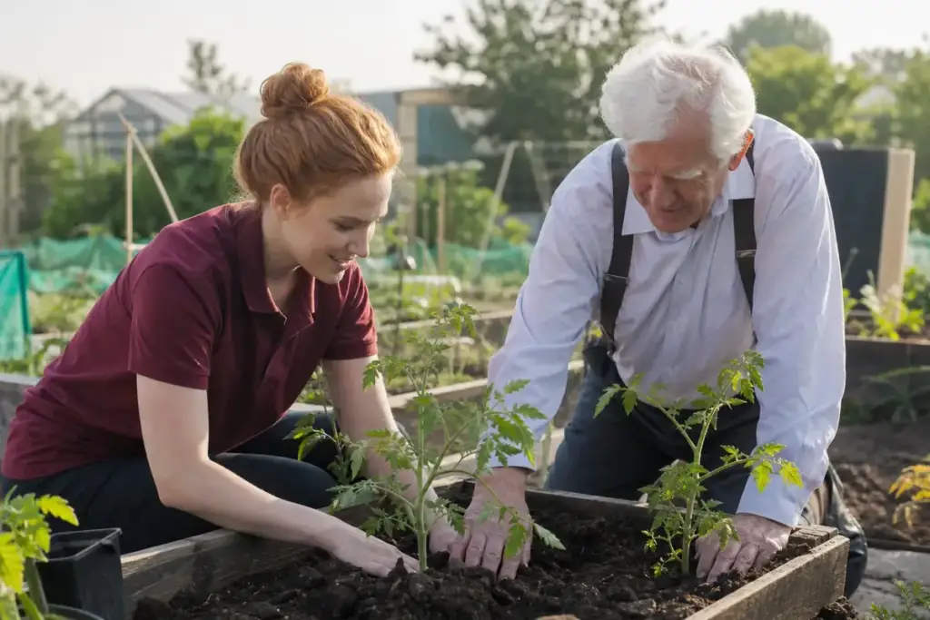 Betreuerin und Senior pflanzen gemeinsam Tomaten im Hochbeet
