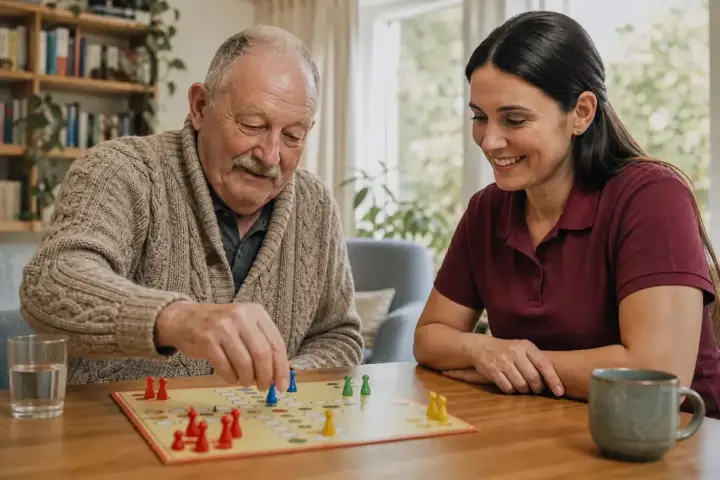 Senior und Betreuerin spielen gemeinsam ein Brettspiel im Wohnzimmer