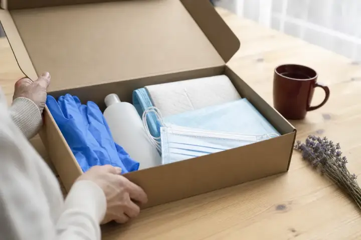 Pflegebox mit Handschuhen, Desinfektionsmittel, Masken und Bettschutzeinlagen