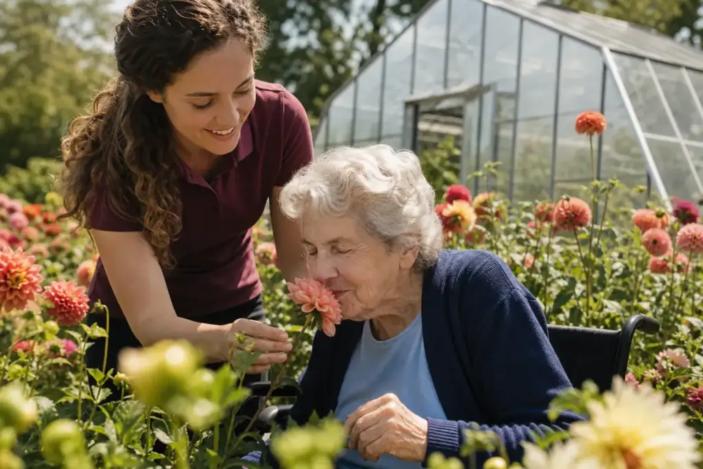 Betreuerin zeigt einer Seniorin im Rollstuhl die Blumen im Garten